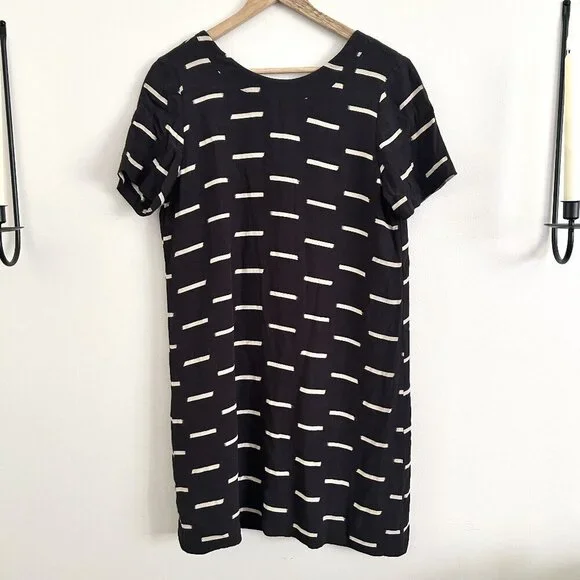 Madewell Size 6 Navy Blue White Ikat Dash Short Sleeve Rear Zip Shift Mini Dress - Picture 2 of 4